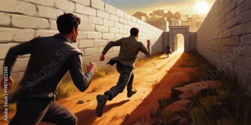 Dramatic pursuit through ancient stone alley at sunset with men running toward city gate in cinematic desert illustration