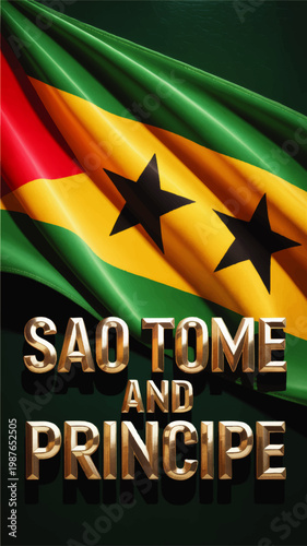 Sao Tome and Principe national flag with golden 3D typography, patriotic green red yellow banner for independence and tourism design