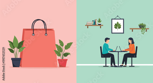 This split illustration depicts online shopping on one side and a person consulting with a healthcare professional on the other high quality detailed