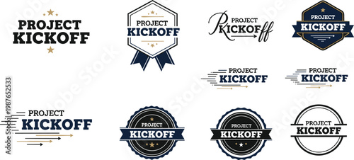 A collection of various project kickoff logo designs featuring ribbons stars and circular or hexagonal frames high quality professional detailed modern elegant stylish