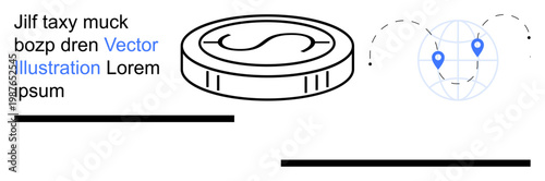 Digital payments, global transactions, fintech innovation, e-commerce, financial technology, blockchain. Coin symbol and world map with pinpoints. Digital payments and global transactions innovation
