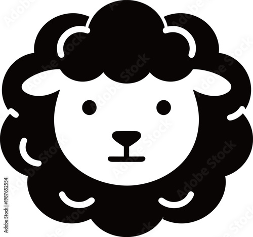 Black and white stylized illustration of a sheep's face with curly wool