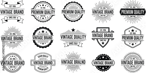 A collection of black and white vintage style badges and labels featuring text like vintage brand and premium quality displayed on a