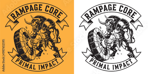 Furious Minotaur Breaking Brick Wall Mascot, Rampage Core Primal Impact