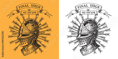Medieval Knight Helmet Pierced by Many Arrows Illustration, Final Siege Concept