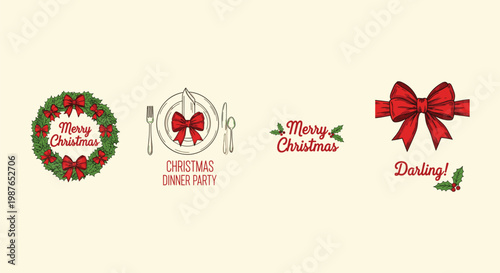 A festive arrangement displays christmas wreaths a dinner setting with a bow and additional bows with greetings high quality professional detailed modern elegant