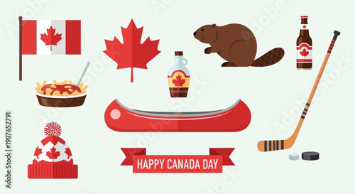 Canada Icons: Maple Leaf, Beaver, Flag, Poutine, Hockey, Canoe, Maple Syrup