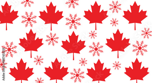 Canadian Winter Pattern: Red Maple Leaves and Snowflakes on White Background