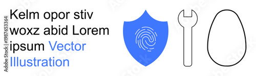 Cybersecurity, identity protection, tools, simplicity, authentication, repair. A fingerprint on a shield, a wrench and an egg outline. Cybersecurity and identity protection visually