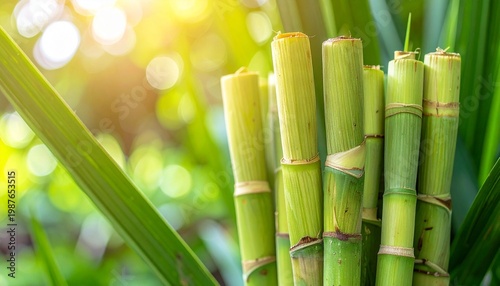 Fresh green sugarcane stalks in sunlight