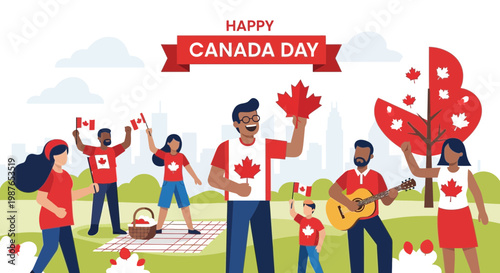 Happy Canada Day Celebration: Diverse People Cheering with Maple Leaves & Flags
