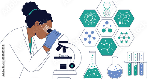 Minimalist scientific illustration of female researcher using microscope with DNA virus and molecular icons in modern clean vector style