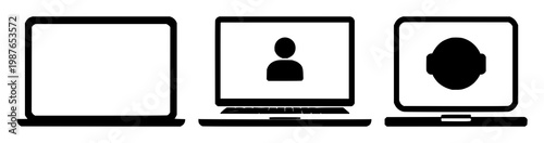 Online webinar icon set with solid black design on white background featuring webinar, online, icon, meeting, virtual event with microphone and screen