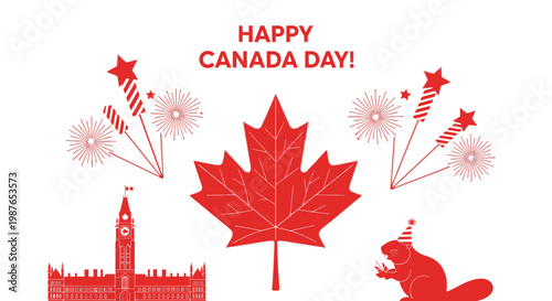 Happy Canada Day Celebration: Maple Leaf, Fireworks, Parliament Building, Beaver