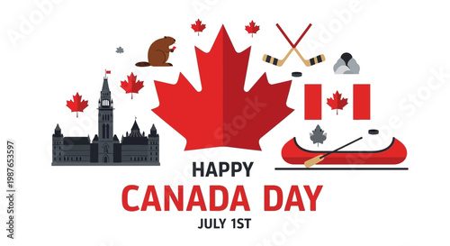 Happy Canada Day Celebration with Maple Leaf, Beaver, Canoe, Hockey & Canadian Flag