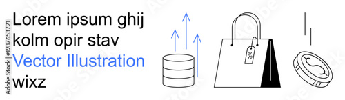 E-commerce, financial growth, shopping trends, online retail, sales boost, money management. Shopping bag, currency symbol upward arrows. E-commerce and financial growth visually