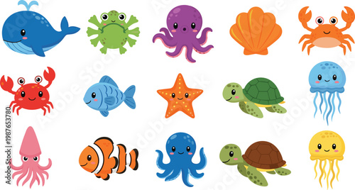 Photography Cartoon Ocean and Sea Creatures with Cute Expressions, Including Whale, Crab, Fi