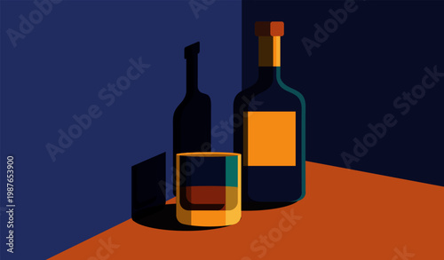 Whiskey bottle and glass. Vector illustration