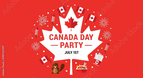 Canada Day Party Celebration with Maple Leaf, Flags, Fireworks, Beaver and Food