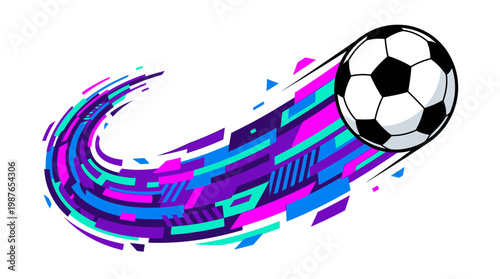 Dynamic soccer ball in motion with vibrant colorful abstract geometric trail on white background, ideal for sports tournament posters, athletic club branding and promotional materials