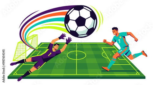 soccer striker as manager shooting ball toward executive goalkeeper on field, ideal for business competition concepts, corporate teamwork metaphors and sports marketing advertisements