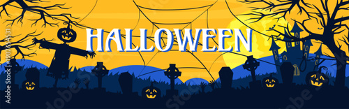 Halloween graveyard scene. Vector illustration