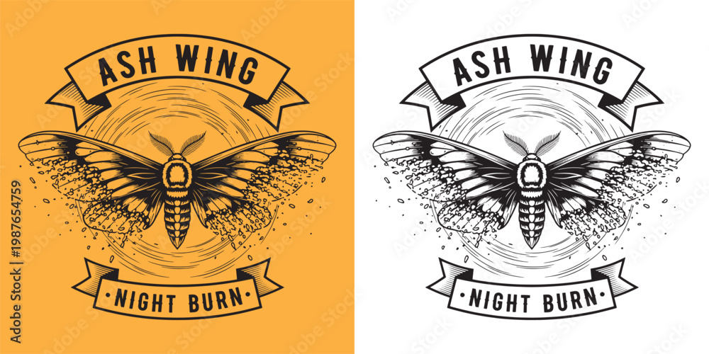 Fototapeta premium Ash Wing Night Burn Moth Vintage Woodcut Illustration Emblem