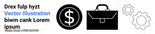 Business management, finance, workflow processes, operations, teamwork, planning. Vector icons of a dollar sign, briefcase and gears. Business management and finance