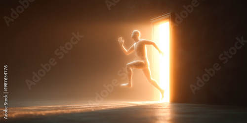 Human figure stepping from darkness into bright light representing transformation success hope progress and positive corporate business future development concept visualization