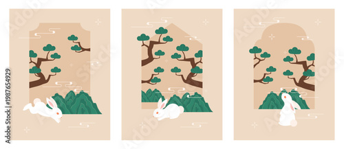 Rabbit and pine mountain scene. Vector illustration