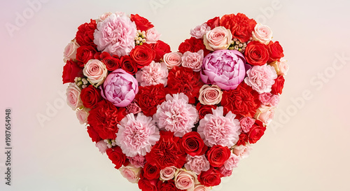 A heart shape formed by small red and pink flowers arranged tightly together.
