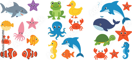 Cartoon Ocean Animals, Including Fish, Sharks, Starfish, Crabs, Dolphins, and Other Marine Creatures for Kids