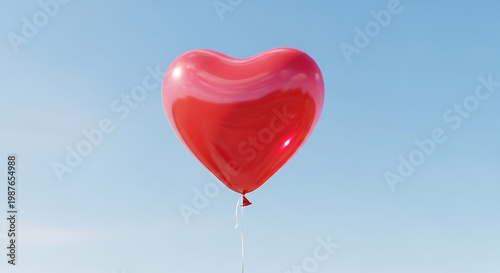 A red heart-shaped balloon floating in the air with a shiny surface and soft reflections.