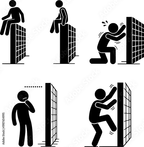 Failure and Obstacle Concept Icon Set with Person Struggling Climbing Wall and Problem Solving Silhouette