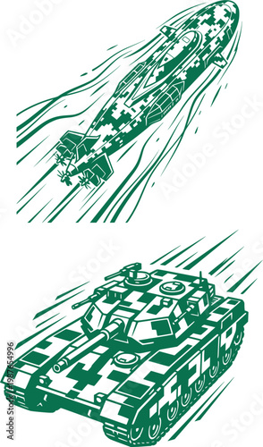 Modern Military Tank and Missile Vector Illustration Set with Digital Camouflage and Dynamic Motion Lines