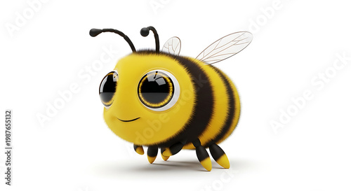 A cute 3D-rendered honey bee with exaggerated features, big shiny eyes, soft fuzzy body, and slightly rounded shapes.