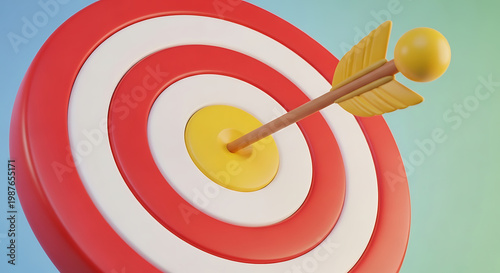 A stylized 3D cartoon target with bold red and white rings and a bright yellow center.
