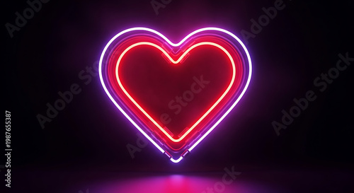 A glowing heart shape made of neon light tubing, emitting a bright red and pink glow.