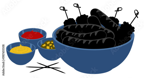 Vector Illustration of Grilled Sausages and Skewers with Dipping Sauces