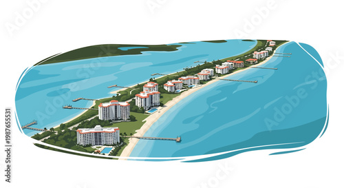 Aerial View Illustration of Luxury Coastal Resort and Beachfront