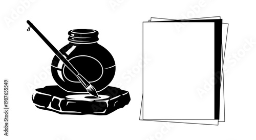 Black and White Inkwell Brush and Blank Paper Vector Illustration