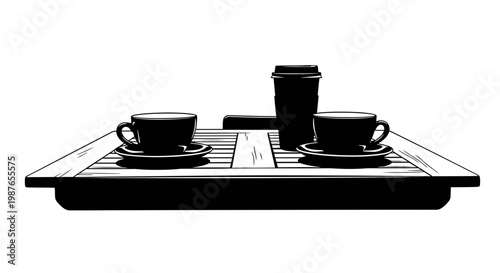Coffee cups and takeout cup on a wooden table vector illustration