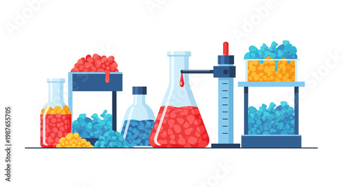 Laboratory Glassware and Containers with Colorful Granules Illustration