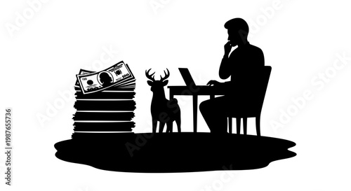 Silhouette of Businessman Working Near Cash Pile and Deer Illustration