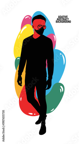 Man Silhouette in Glasses and Mask with Colorful Abstract Shapes
