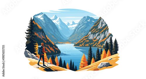Hiker overlooking a scenic mountain lake in autumn illustration