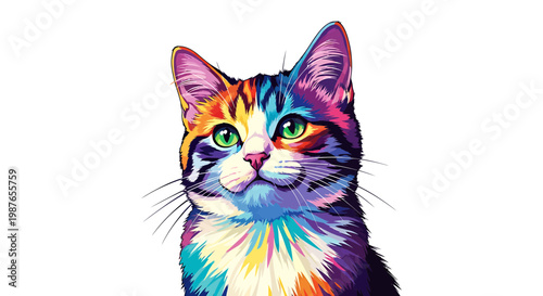 Vibrant colorful cat pop art vector illustration on white background