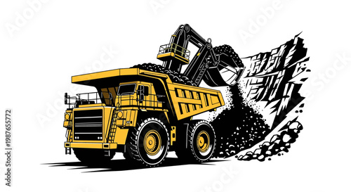 Excavator Loading Heavy Mining Dump Truck Vector Illustration
