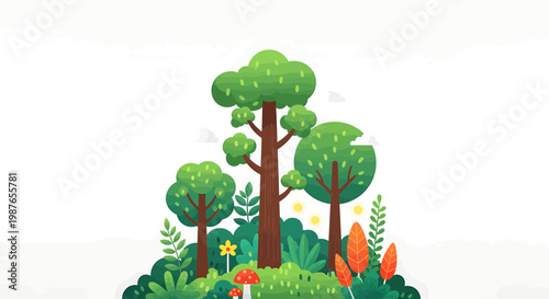 Flat Vector Illustration of Stylized Lush Green Forest with Trees