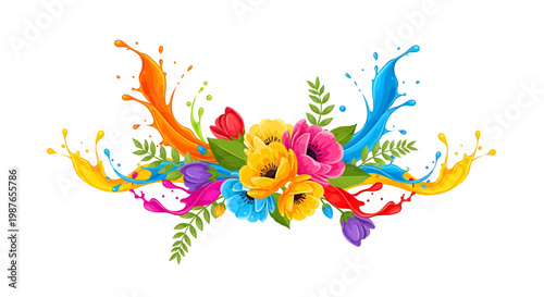 Colorful Floral Vector Illustration with Dynamic Paint Splashes